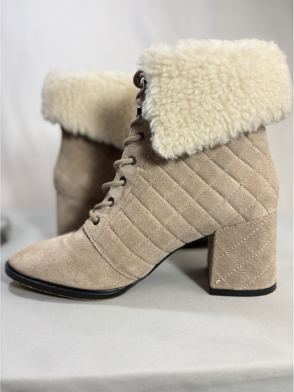 Karl Lagerfeld Paris Suede Quilted Shearling Lace Up Block Heel Ankle Boots 8
